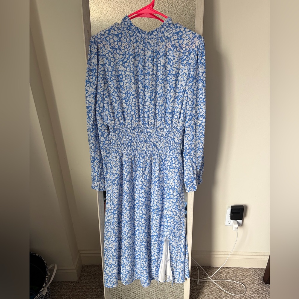 LOST and WANDER Floral Blue Long-Sleeve Smocked Midi Dress
